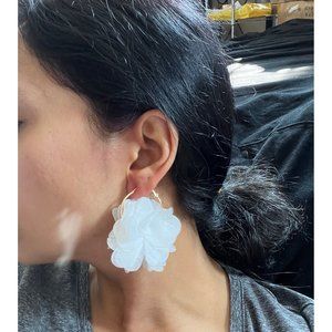 White flower earrings , white fabric feathered Snow White big long floral